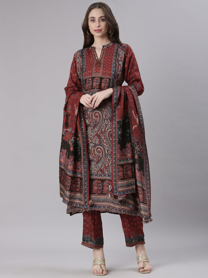 Neerus Rust Printed Straight Kurta and Trousers With Dupatta