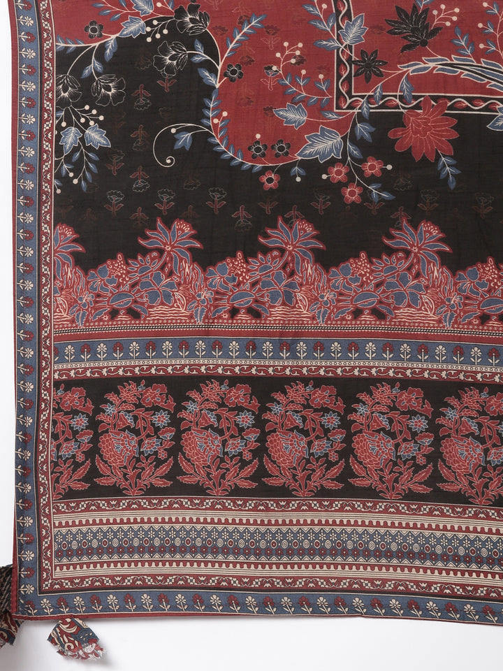 Neerus Rust Printed Straight Kurta and Trousers With Dupatta