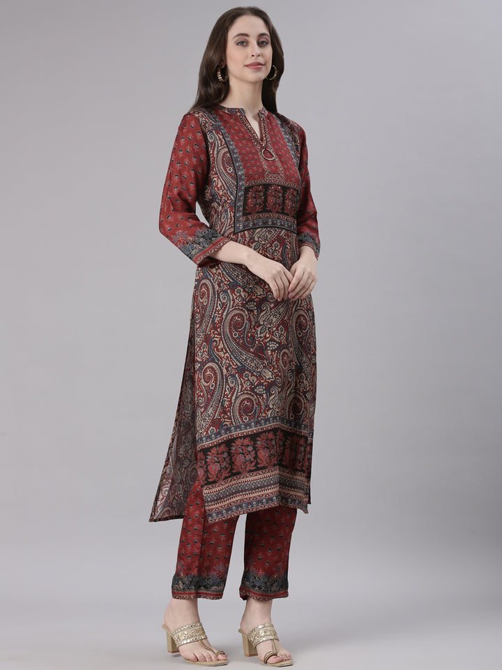Neerus Rust Printed Straight Kurta and Trousers With Dupatta