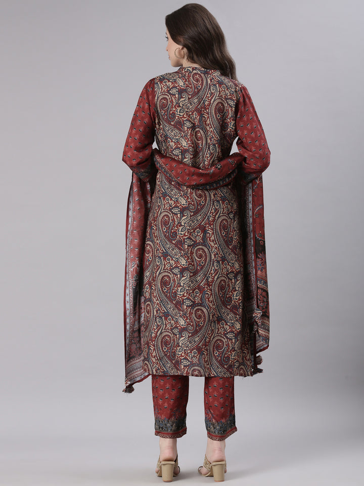 Neerus Rust Printed Straight Kurta and Trousers With Dupatta