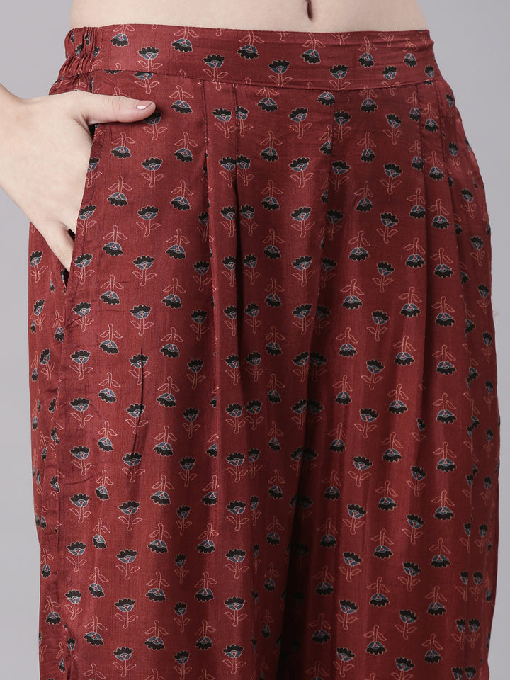 Neerus Rust Printed Straight Kurta and Trousers With Dupatta