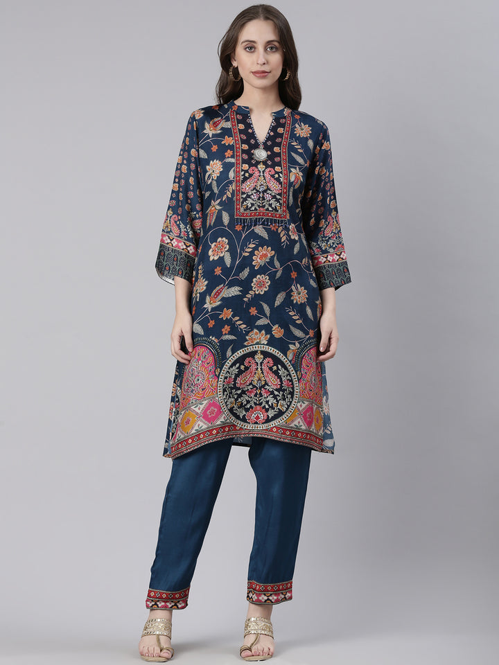 Neerus Navy Blue Printed Straight Kurta and Trousers