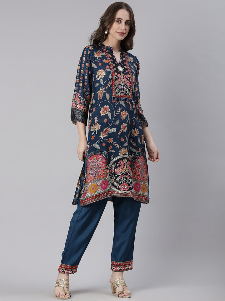 Neerus Navy Blue Printed Straight Kurta and Trousers