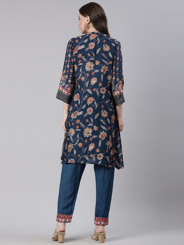 Neerus Navy Blue Printed Straight Kurta and Trousers