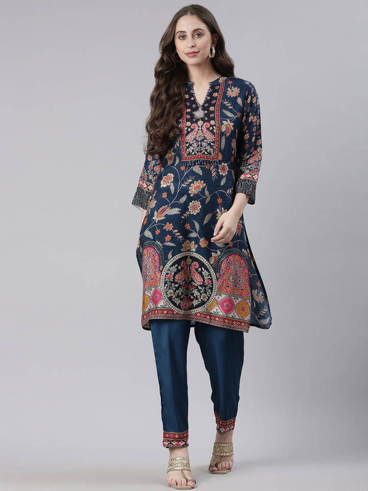 Neerus Navy Blue Printed Straight Kurta and Trousers