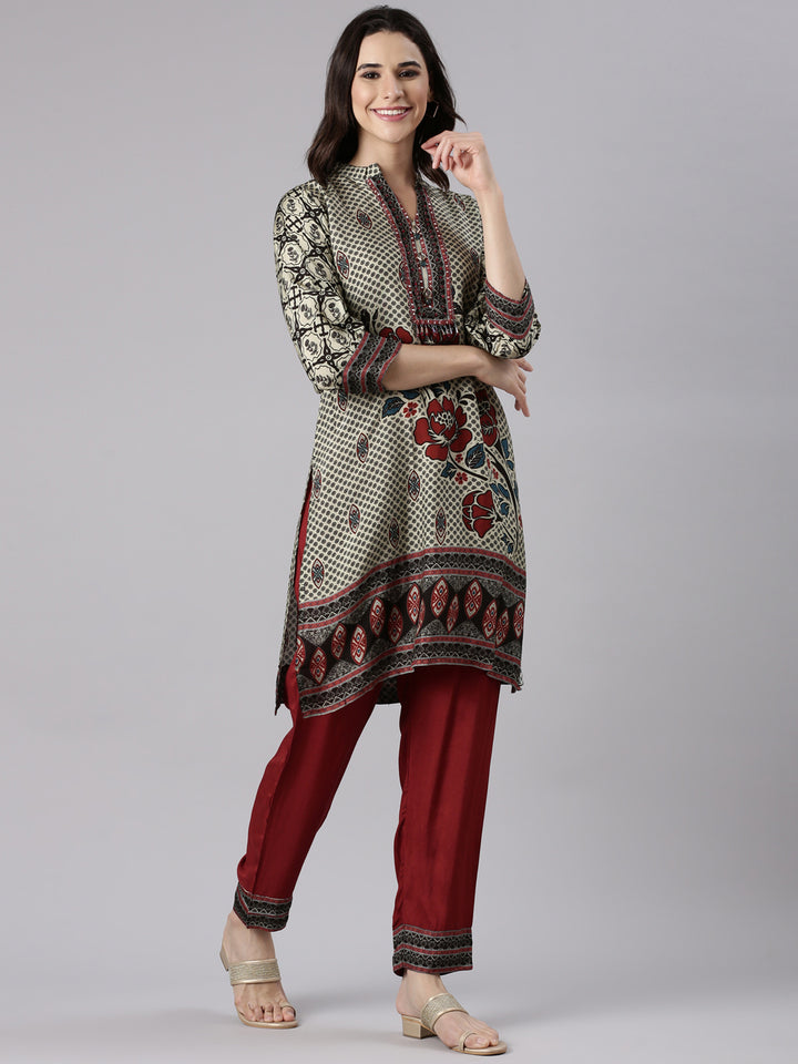 Beige Muslin Printed Two Piece Set