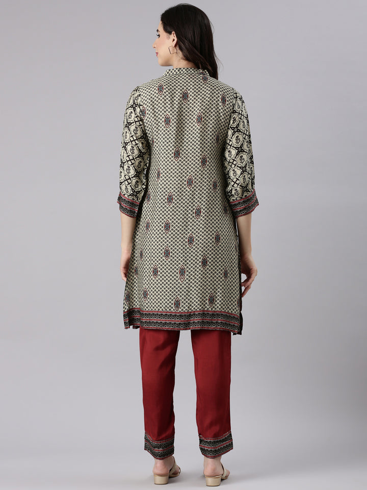 Beige Muslin Printed Two Piece Set