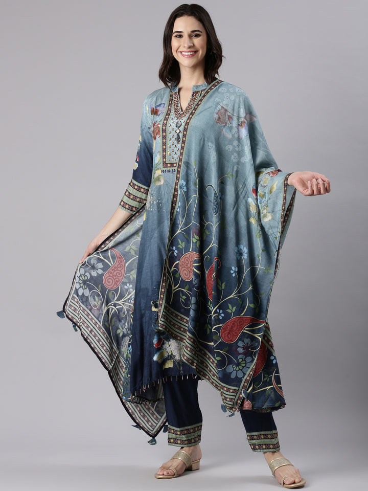 Blue Muslin Printed A-Line Three Piece Set