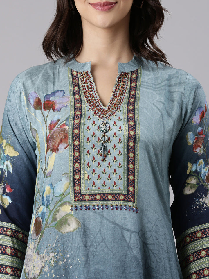 Blue Muslin Printed A-Line Three Piece Set