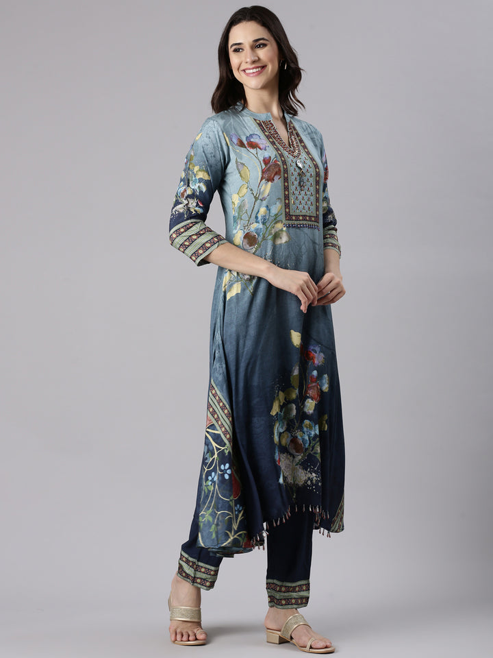 Blue Muslin Printed A-Line Three Piece Set