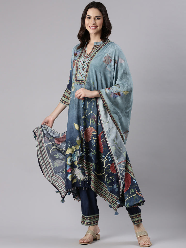 Blue Muslin Printed A-Line Three Piece Set