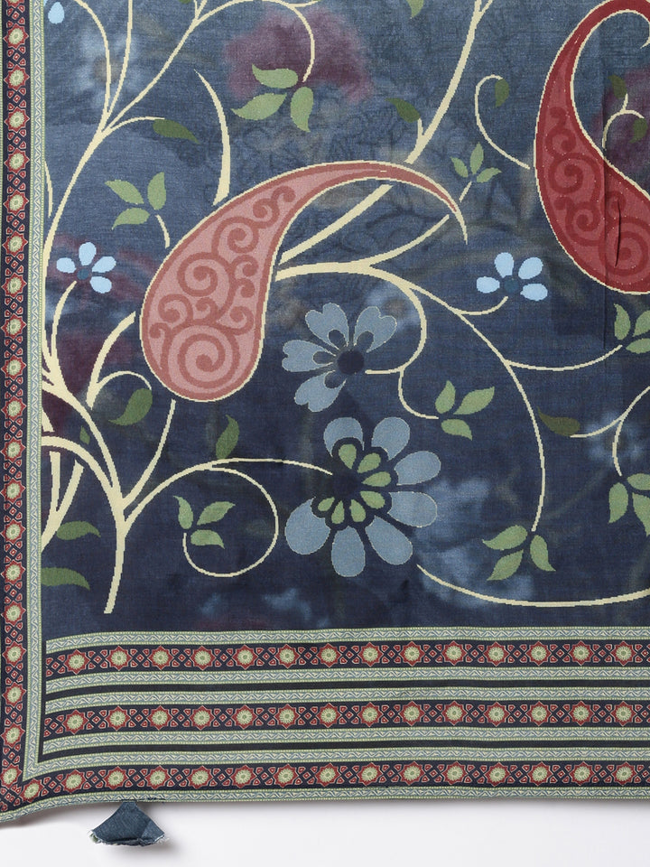 Blue Muslin Printed A-Line Three Piece Set