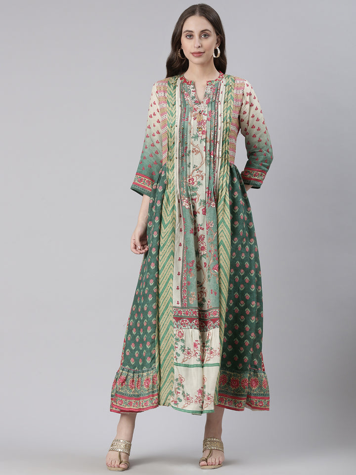 Neerus Green Casual Floral Maxi Dresses