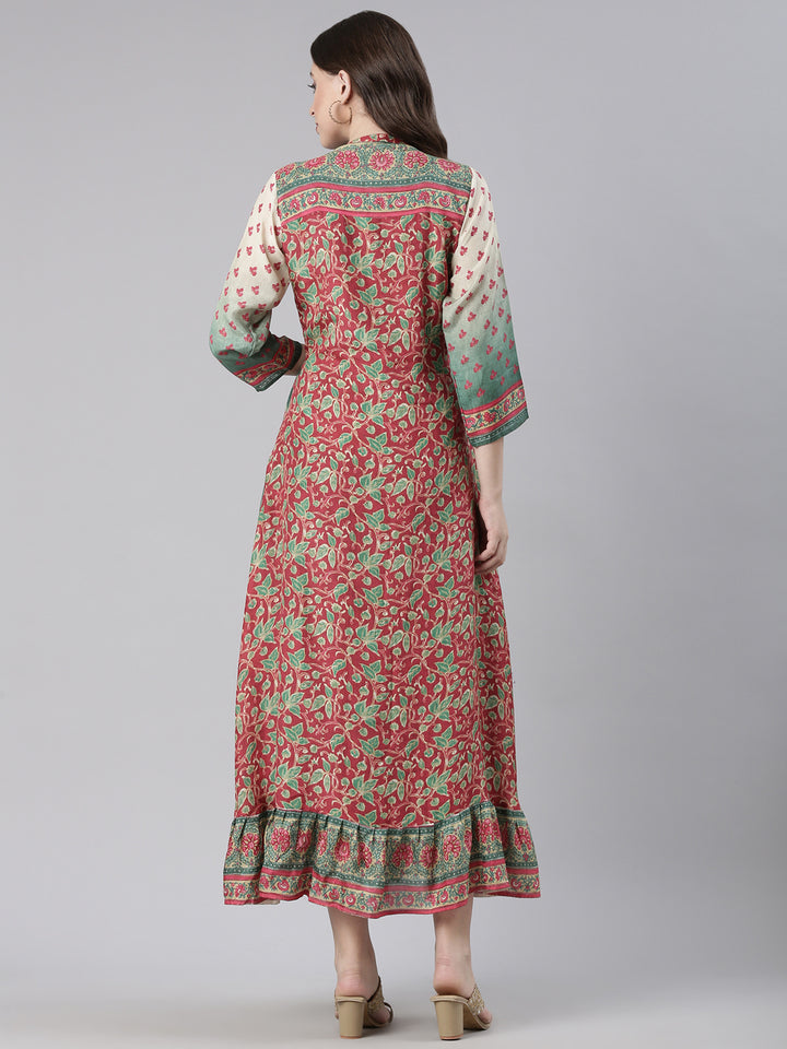 Neerus Green Casual Floral Maxi Dresses