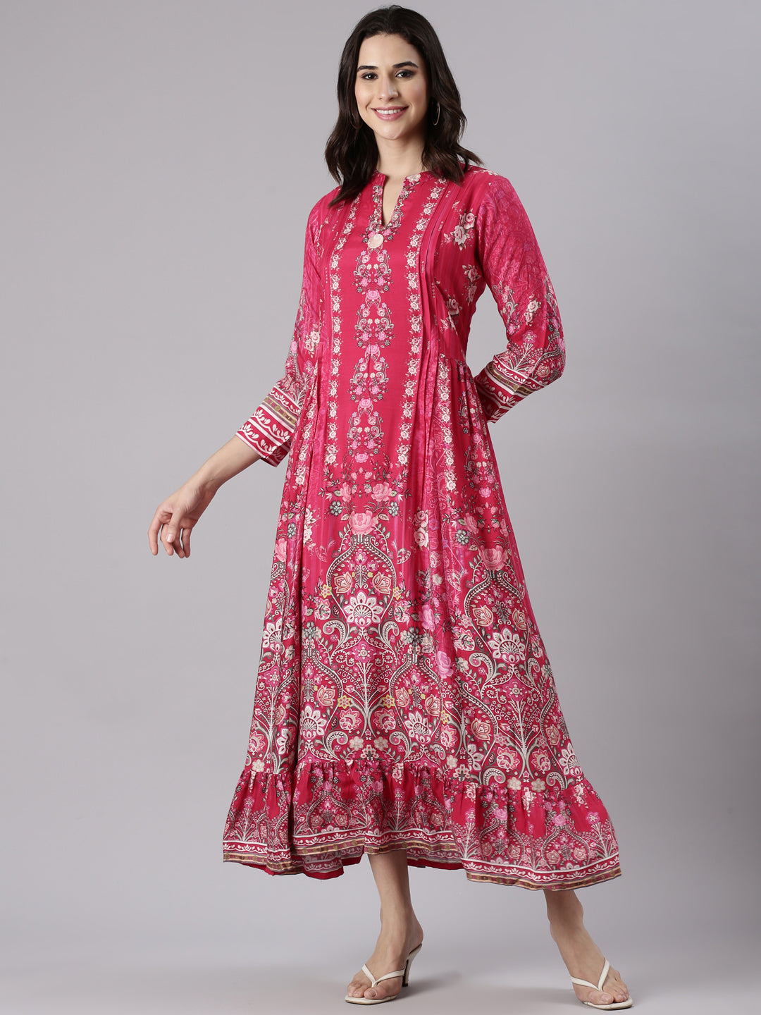 Neerus Pink Ethnic Printed Muslin Maxi Dress for Casual Festive Women –  Neerus India