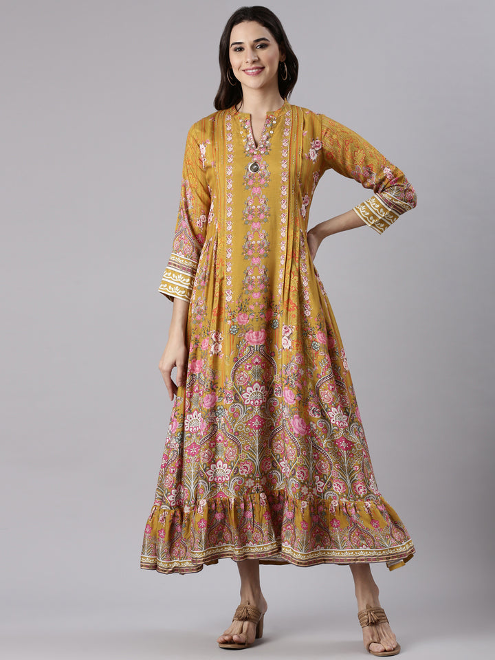 Mustard Muslin Long Anarkali Gown