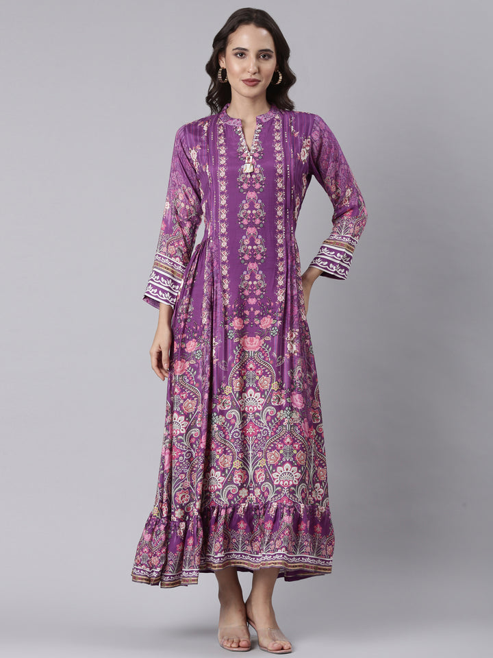 Purple Muslin Printed Long One Piece Gown