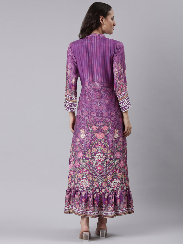 Purple Muslin Printed Long One Piece Gown