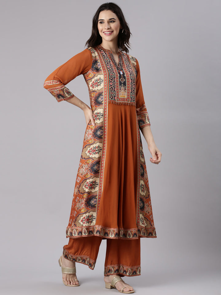 Rust Georgette Printed Three Piece Set