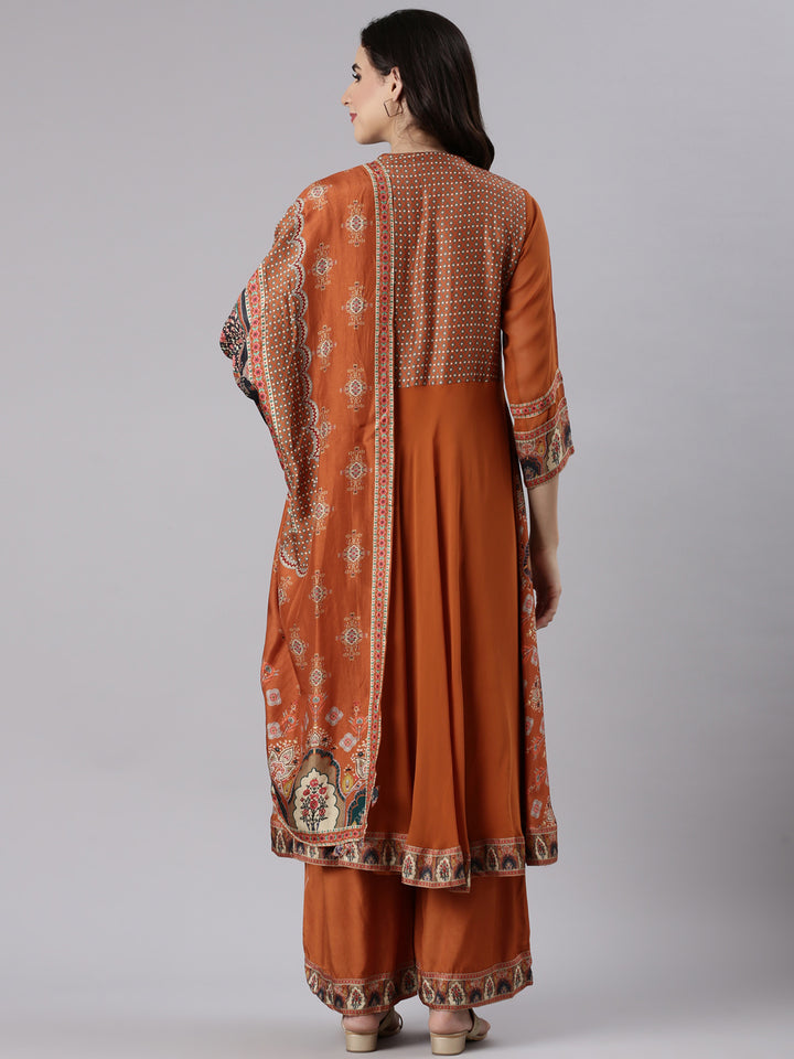 Rust Georgette Printed Three Piece Set
