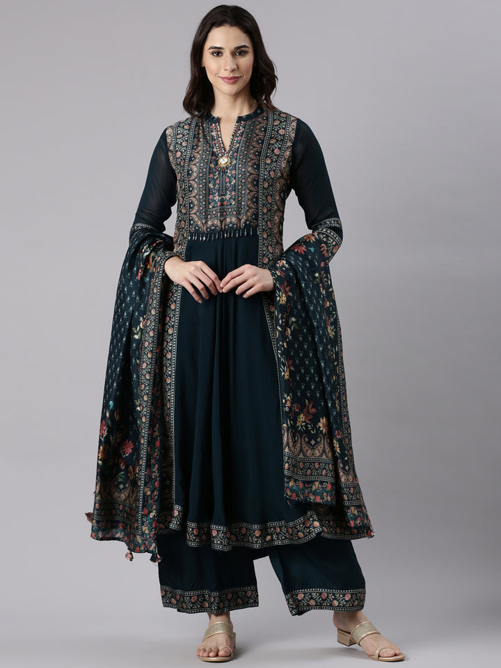 Rama Green Georgette Anarkali Three Piece Set