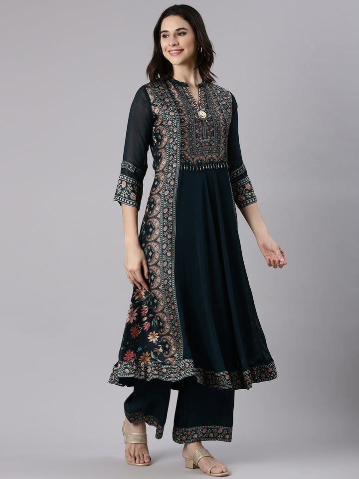 Rama Green Georgette Anarkali Three Piece Set