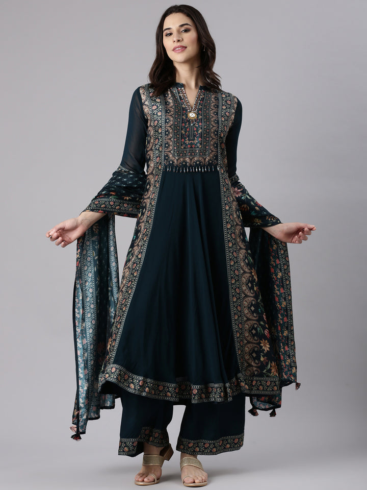 Rama Green Georgette Anarkali Three Piece Set