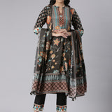 Neerus Black Printed Straight Kurta and Trousers With Dupatta