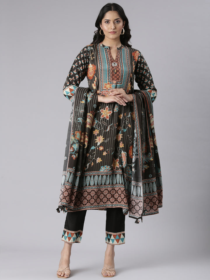 Neerus Black Printed Straight Kurta and Trousers With Dupatta