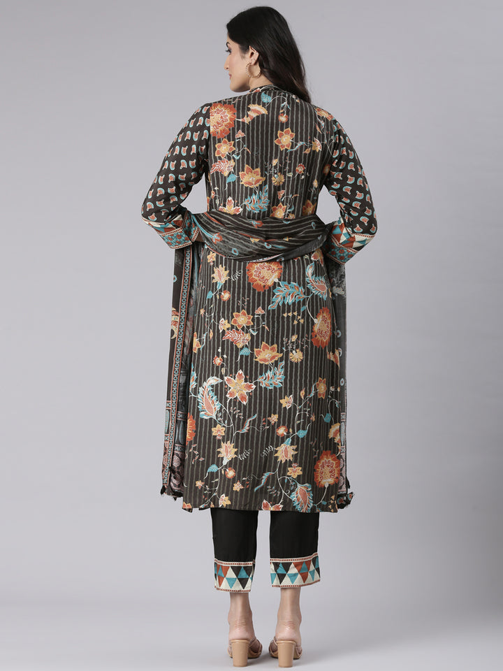 Neerus Black Printed Straight Kurta and Trousers With Dupatta