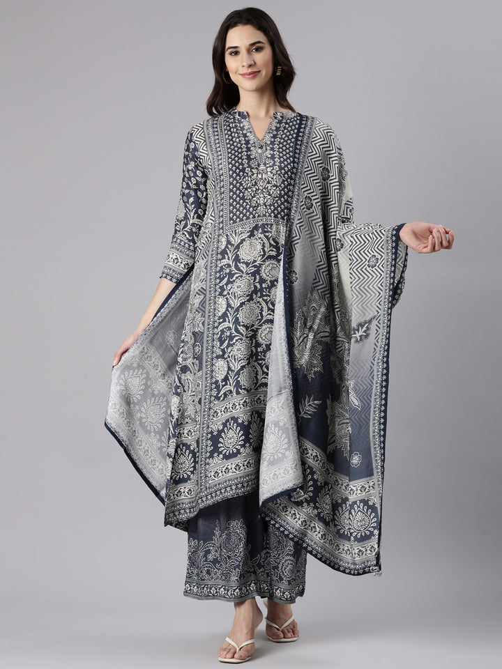 Grey Muslin Printed A-Line Three Piece Set