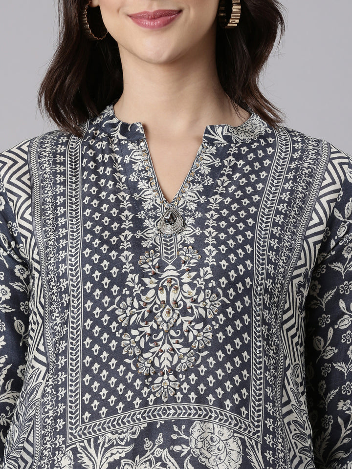 Grey Muslin Printed A-Line Three Piece Set