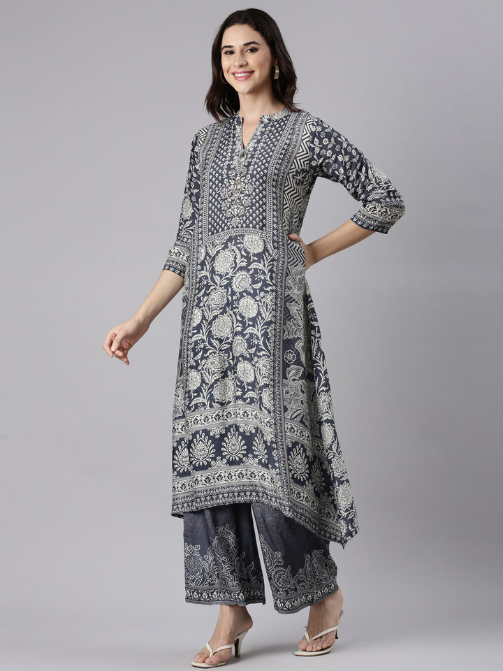 Grey Muslin Printed A-Line Three Piece Set