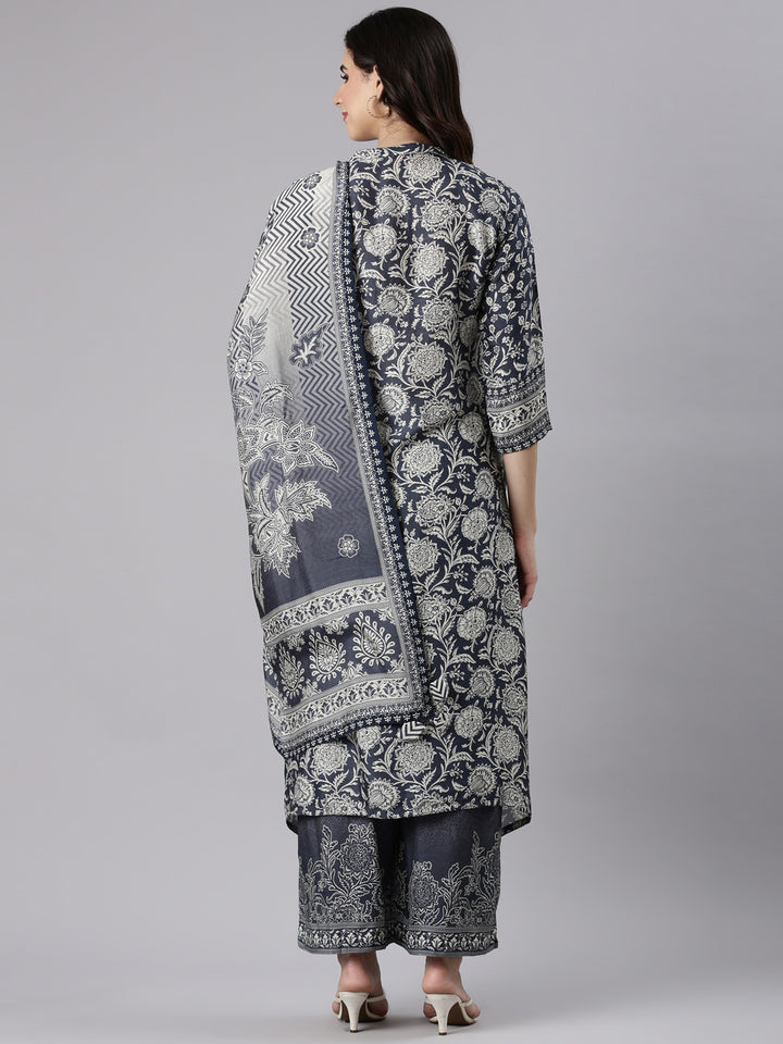 Grey Muslin Printed A-Line Three Piece Set