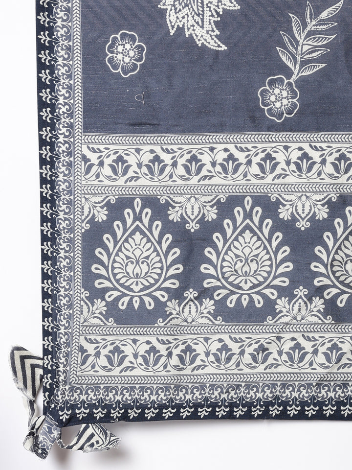 Grey Muslin Printed A-Line Three Piece Set