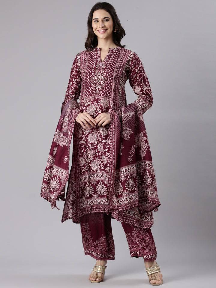 Wine Muslin Printed A-Line Three Piece Set