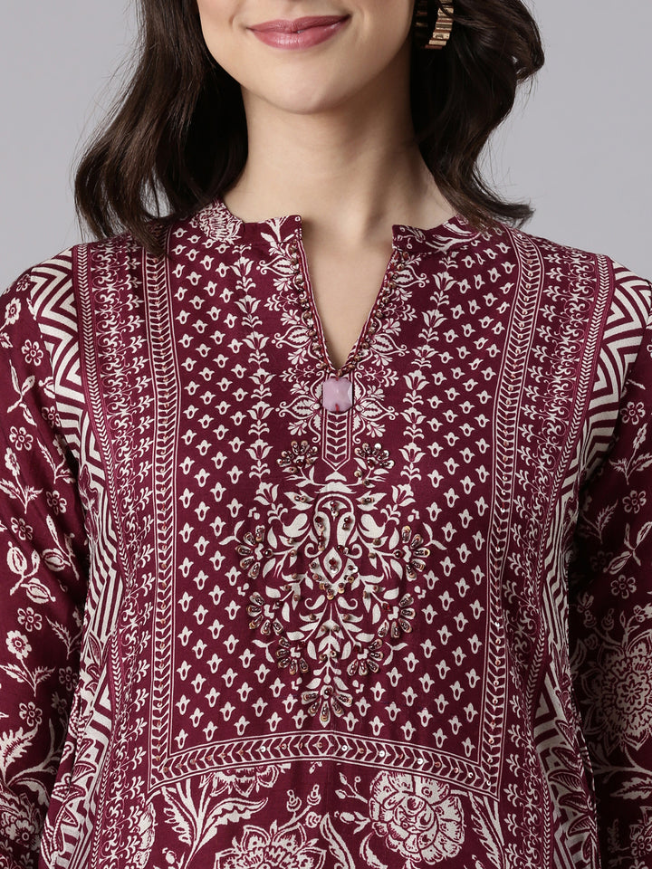 Wine Muslin Printed A-Line Three Piece Set