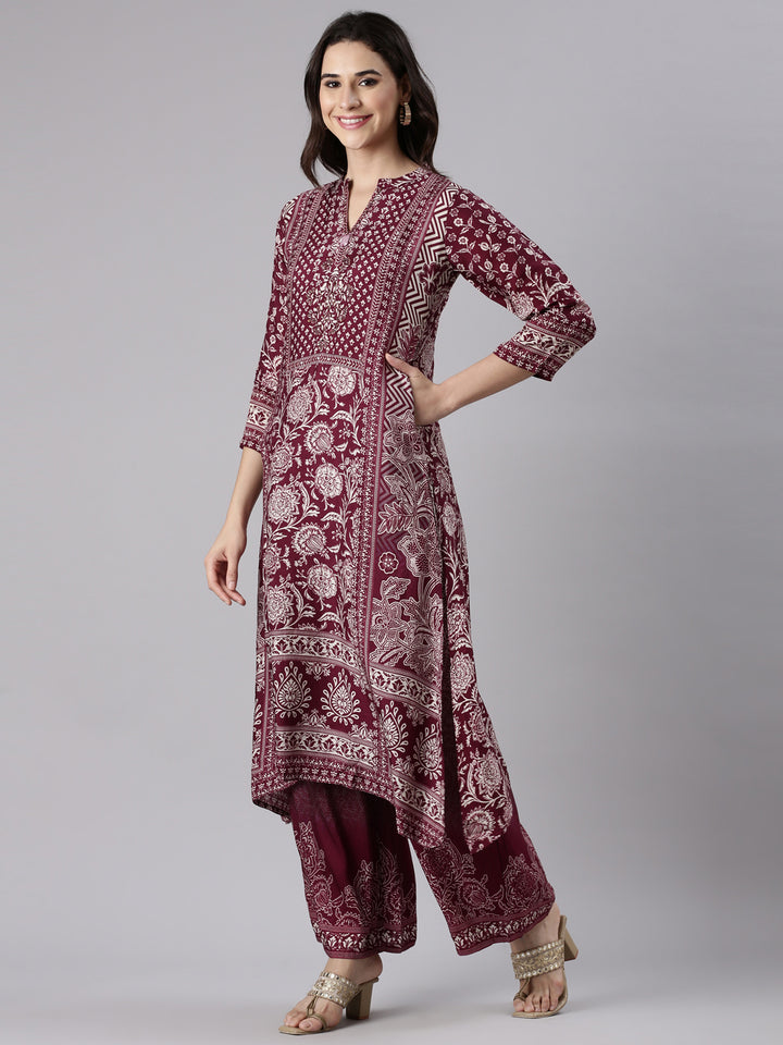 Wine Muslin Printed A-Line Three Piece Set