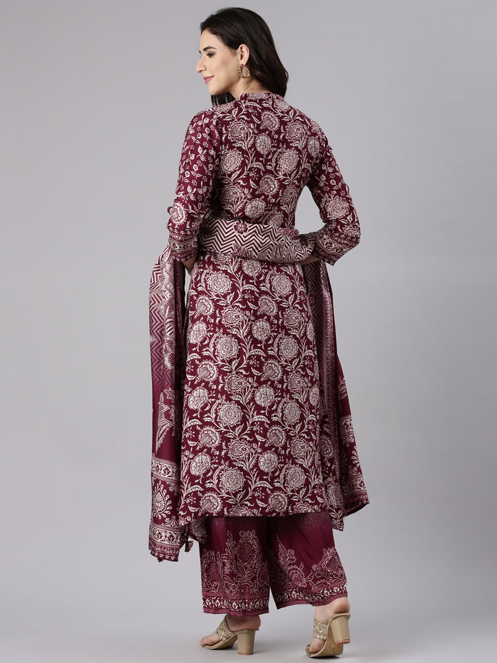 Wine Muslin Printed A-Line Three Piece Set