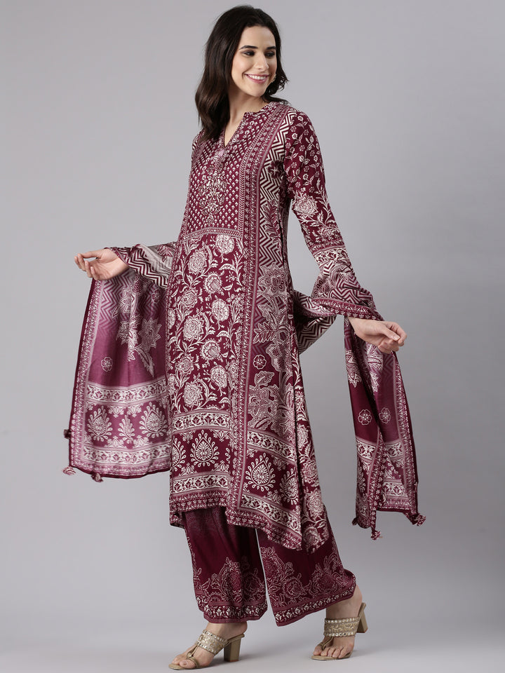 Wine Muslin Printed A-Line Three Piece Set