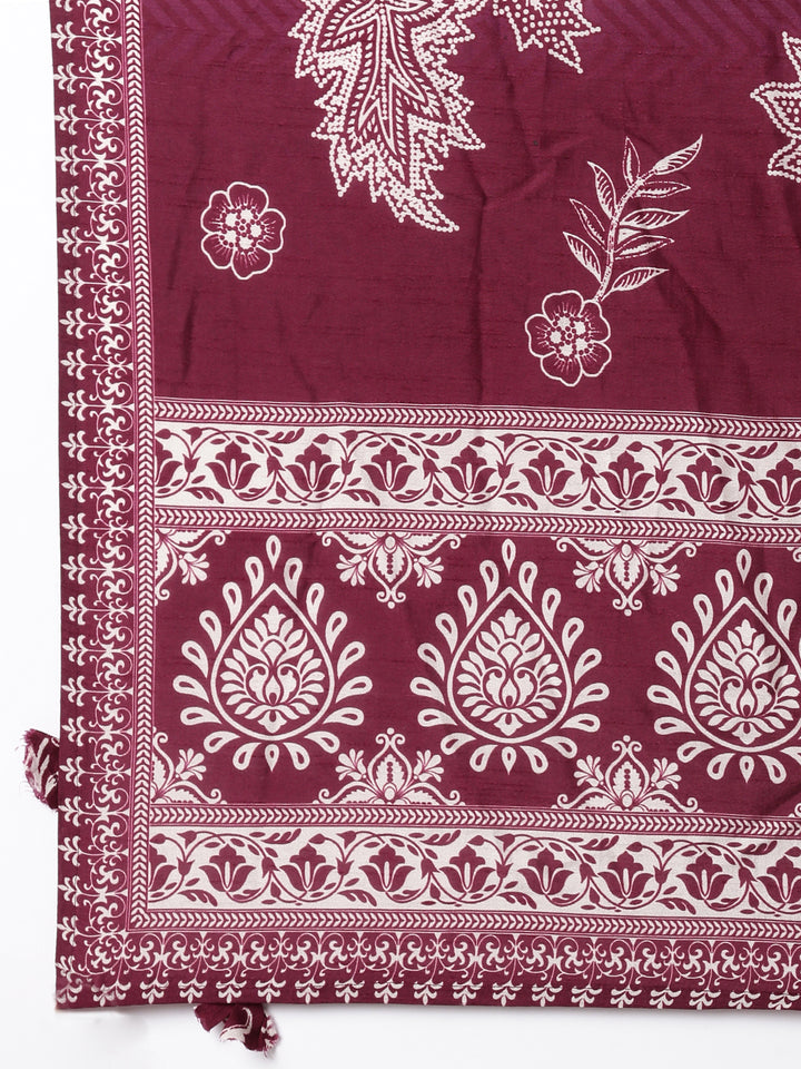 Wine Muslin Printed A-Line Three Piece Set