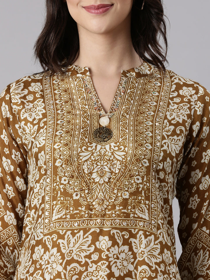 Brown Muslin Printed Three Piece Set