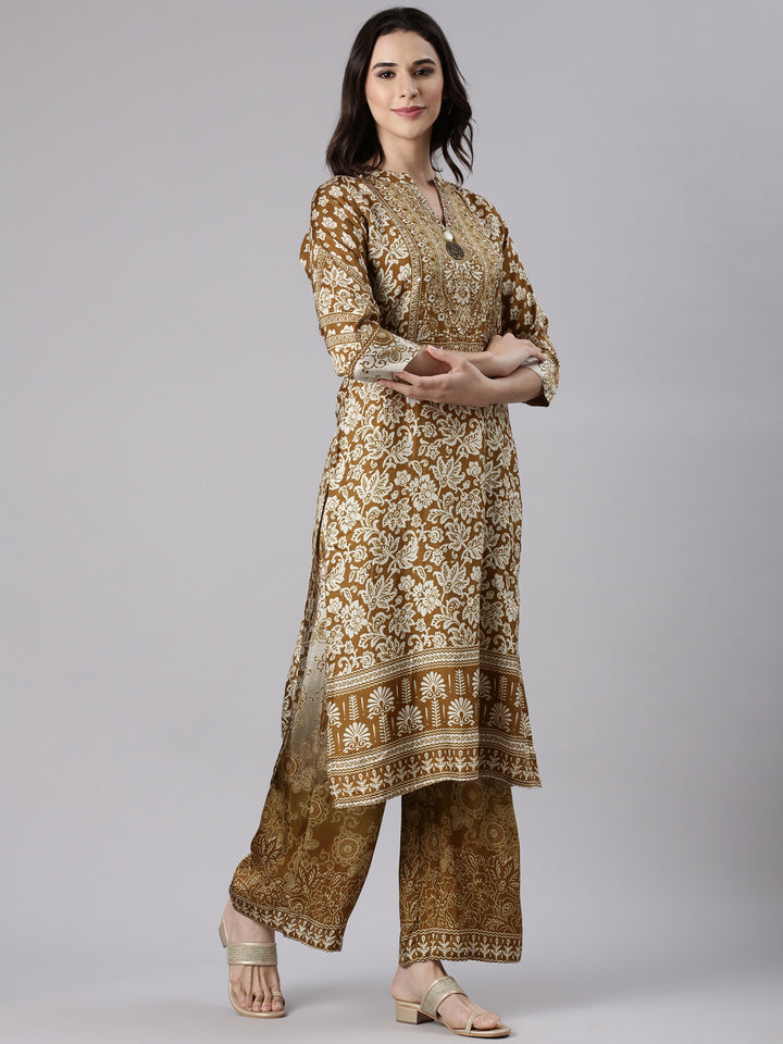 Brown Muslin Printed Three Piece Set