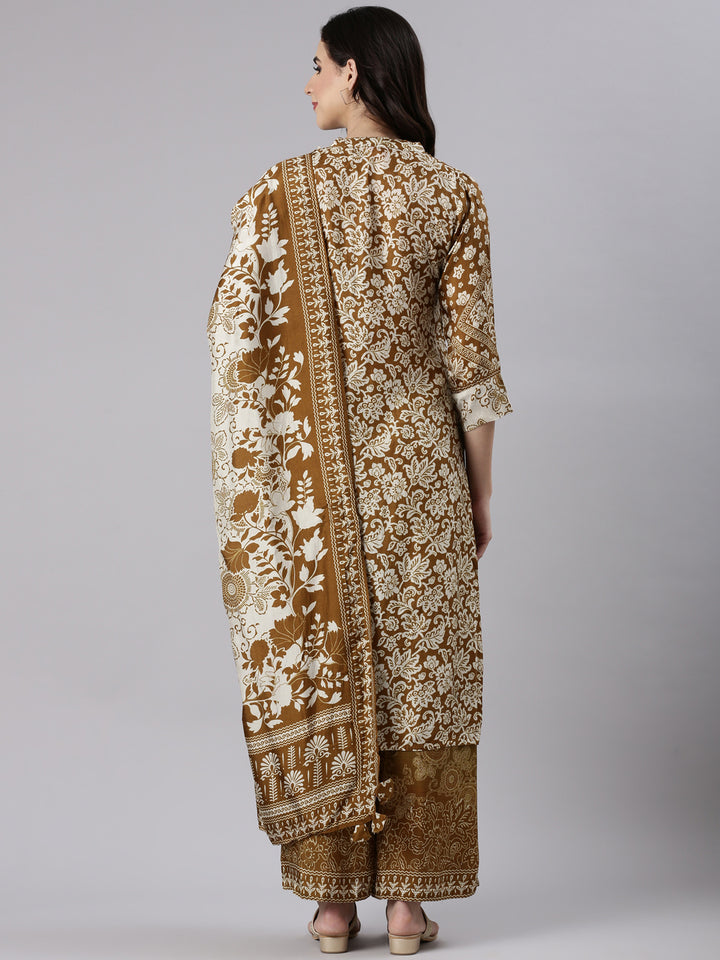 Brown Muslin Printed Three Piece Set