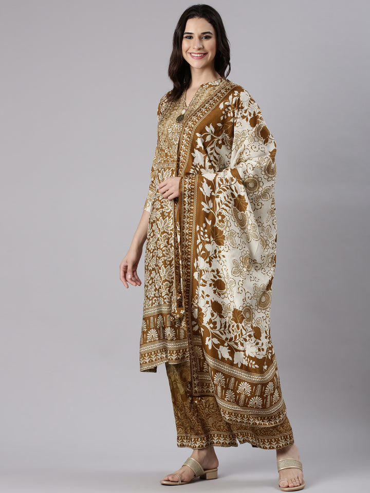 Brown Muslin Printed Three Piece Set