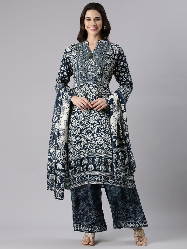 Navy Blue Muslin Printed A-Line Three Piece Set