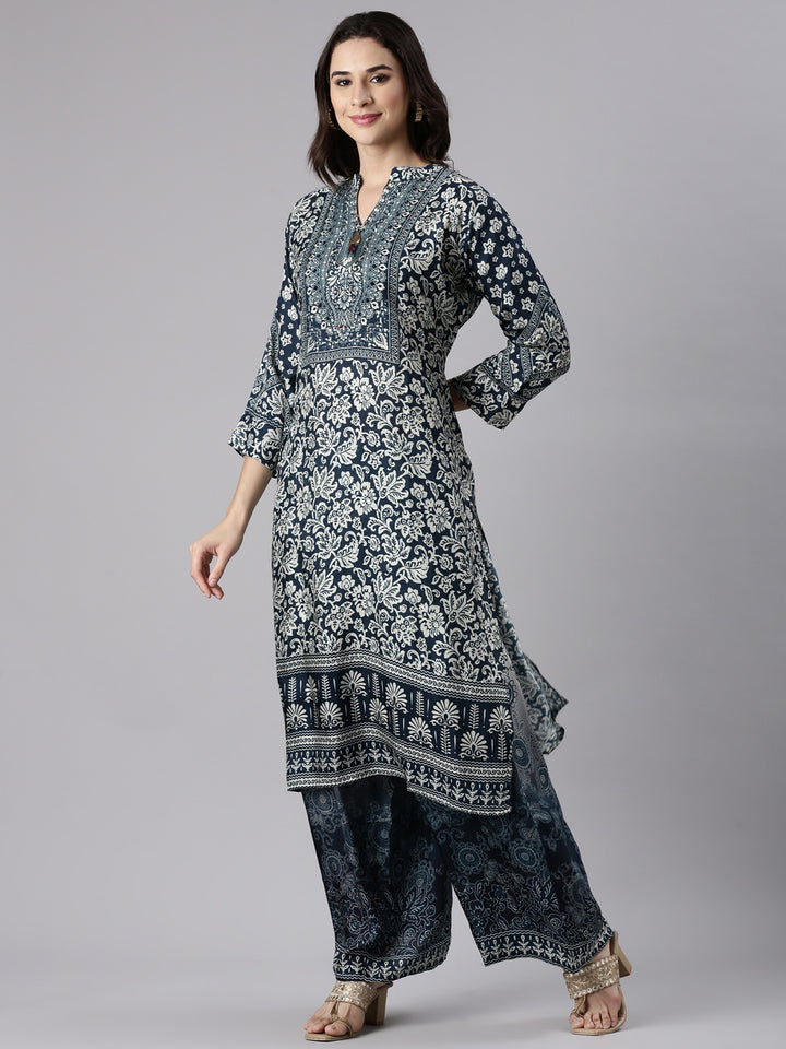 Navy Blue Muslin Printed A-Line Three Piece Set