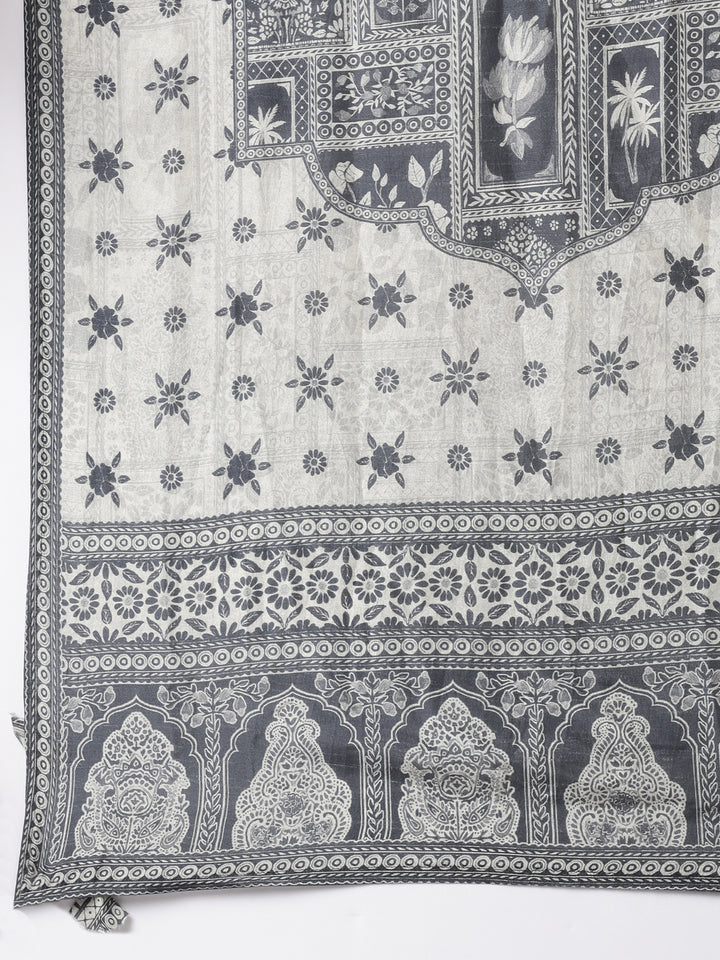 Gray Muslin Printed Three Piece Set