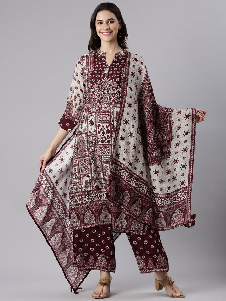 Wine Muslin Printed Three Piece Set