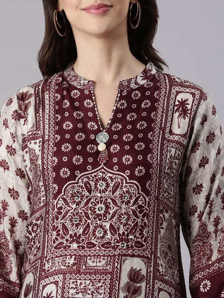 Wine Muslin Printed Three Piece Set